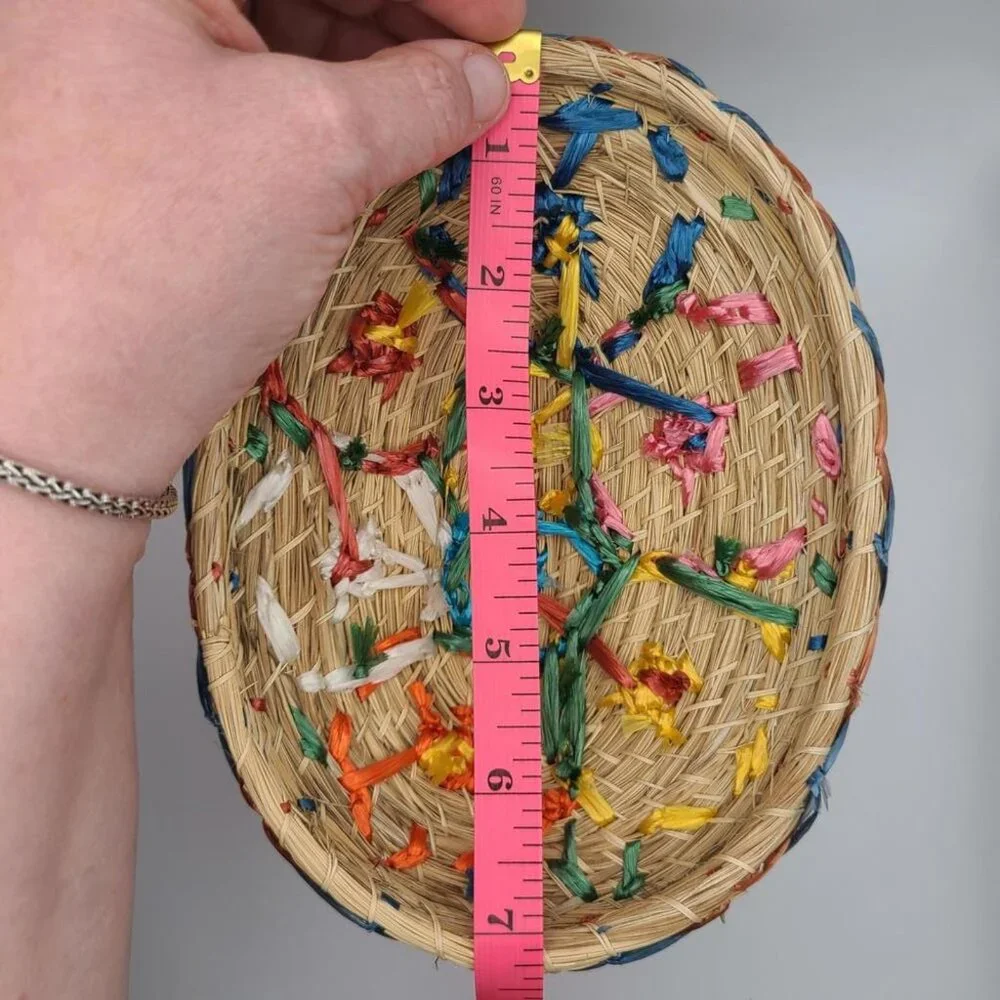 Vintage Handmade Woven Basket with Lid and Raffia Floral Embroidery